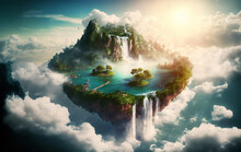 Generative AI Illustration Of Fantasy Landscape With Floating Island In The Sky