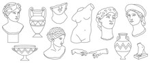Line Art Ancient Greece Sculpture And Vases Set. Heads Of Woman, Man, Hands, Foot, Vases.