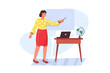School teacher concept in flat design. Happy woman tutor with pointer showing to map on blackboard. Teacher explaining geography lesson in classroom. Illustration with people scene for web
