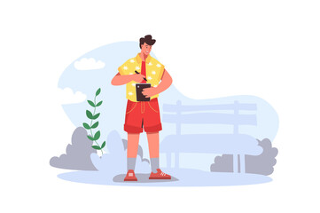 Aufkleber - People sit in gadgets concept in flat design. Happy guy holding graphics tablet and pen and drawing or writing notes. Man using smartphone at city park. Illustration with people scene for web