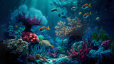 Fototapeta Do akwarium - Tropical underwater life of a coral reef, neural network generated art wallpaper. Digitally generated image. Not based on any actual person, scene or pattern.