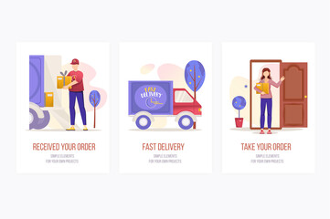 Aufkleber - Delivery concept onboarding screens. Fast shipping, courier holding parcels and client receiving orders. Modern UI, UX, GUI user interface kit with people scene for web design.