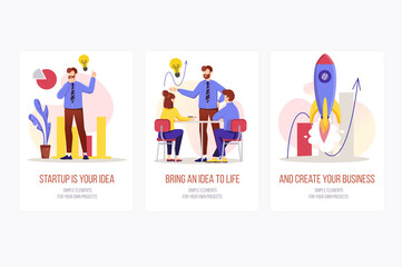 Aufkleber - Startup concept onboarding screens. Businessman generates idea, working with team and launches business. Modern UI, UX, GUI user interface kit with people scene for web design.
