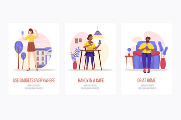 Poster - People using gadgets concept onboarding screens. Women take selfie or browse, man listen to music on phone. Modern UI, UX, GUI user interface kit with people scene for web design.