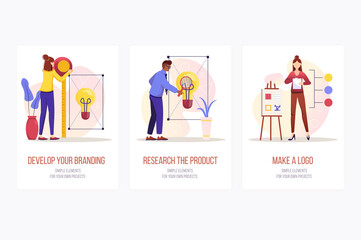 Poster - Branding concept onboarding screens. Designers develops brand, studies product, makes logo for business. Modern UI, UX, GUI user interface kit with people scene for web design.