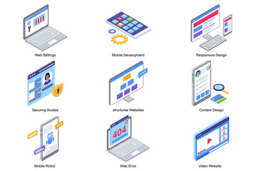 Poster - User interface concept 3d isometric icons set. Pack elements of web settings, mobile development, security access, structure websites, content, error. Illustration in modern isometry design