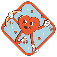 Wall Mural - Retro groovy cartoon lovely heart sticker, patch. Valentines Day. Heart cupid with bow and arrow. For poster, card, print, and itc. Trendy retro 60s 70s style.