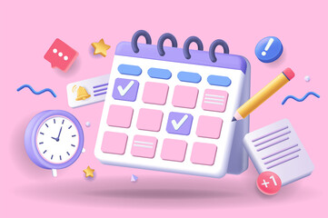 Aufkleber - Calendar concept 3D illustration. Icon composition with calendar with scheduled dates and appointments, clock, to-do list with tasks, reminders and messages. Illustration for modern web design