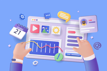 Aufkleber - Digital business concept 3D illustration. Icon composition with businessman interact with dashboard with graphs, advertising campaign indicators, clients. Illustration for modern web design