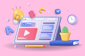 Aufkleber - Online education concept 3D illustration. Icon composition with tablet display with interface with video lessons and lectures, e-books, e-learning from home. Illustration for modern web design