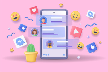 Aufkleber - Social communication concept 3D illustration. Icon composition with smartphone display with users accounts at social media, online messaging, emoji and likes. Illustration for modern web design