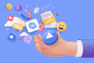 Aufkleber - Social media concept 3D illustration. Icon composition with human hand holding email, message, emoji, likes, digital content, music, video and other symbols. Illustration for modern web design