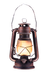 gas lantern with burning light, isolated on a white background. an antique vintage lamp. hipster acc
