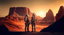 Astronaut On Mars The Red Planet. Landscape With Desert And Mountains, Colonization Of Mars,  Generative Ai