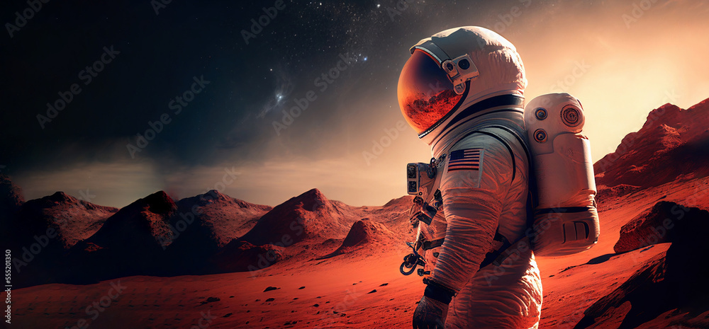 Astronaut on mars the red planet. Landscape with desert and mountains ...