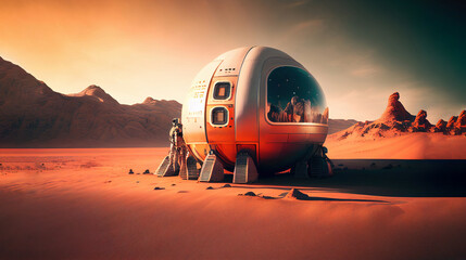 Wall Mural - astronaut on mars the red planet. landscape with desert and mountains, colonization of mars, generat