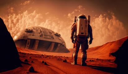 Wall Mural - astronaut on mars the red planet. landscape with desert and mountains, colonization of mars, generat