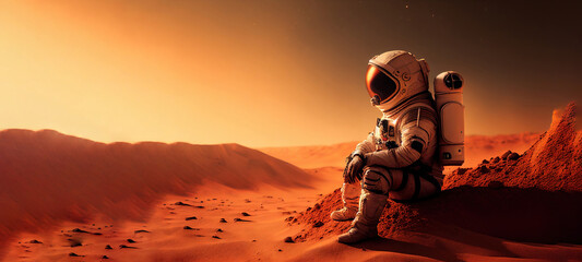 Wall Mural - astronaut on mars the red planet. landscape with desert and mountains, colonization of mars, generat