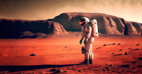 Wall Mural - astronaut on mars the red planet. landscape with desert and mountains, colonization of mars, generat