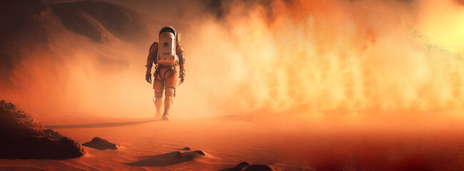 Wall Mural - astronaut on mars the red planet. landscape with desert and mountains, colonization of mars, generat