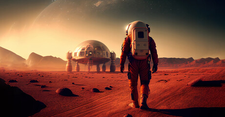 Wall Mural - astronaut on mars the red planet. landscape with desert and mountains, colonization of mars, generat
