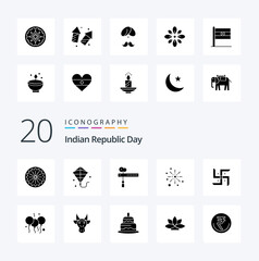 20 Indian Republic Day Solid Glyph icon Pack like fireworks diwali cut crackers boom