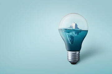 Wall Mural - creative light bulb with iceberg and water, concept. melting glaciers and technology. save energy.