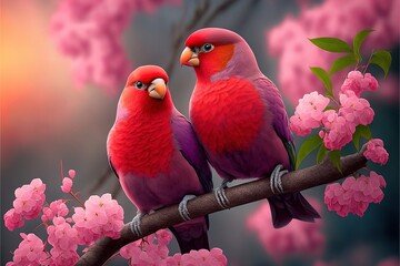 Sticker -  two birds sitting on a branch with pink flowers in the background and a painting of them on the wall. generative ai