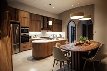 Hanoi Vietnam - December 2019 : Modern Interior Design, Large Kitchen With Curve Island Cabinet And Stylish Dinning Table, Neutral Tone, Wooden Furniture. Generative AI