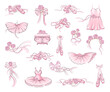 Ballet Accessories with Pink Tutu Skirt and Pair of Pointe-shoes, Bow and Satin Ribbon Big Vector Set