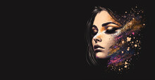 Beautiful Makeup Woman Banner Illustration, Watercolor Cosmetic Girl, Fashion Illustration, Generative AI
