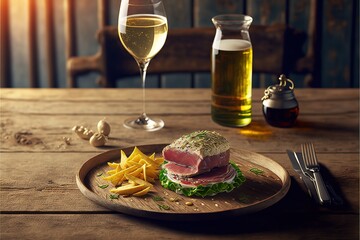 Wall Mural - Traditional restaurant atmosphere with tuna and burger with chips in the background on rustic wooden table and glass of white wine. Generative AI