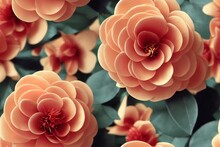 Scarlet Seamless Floral Design Leaves And Semi-double Camellia Blooms On A White Background. Generative AI