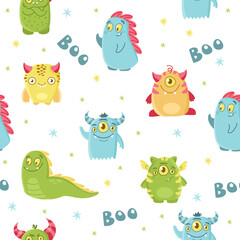 Wall Mural - Seamless vector pattern. Cute goody-goody monsters, colorful stars. Background pattern for children's products 