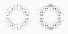 Radial Halftone Dots In Circle Form. Dotted Fireworks Explosion Background. Starburst Round Logo. Circular Design Element. Abstract Geometric Star Rays.