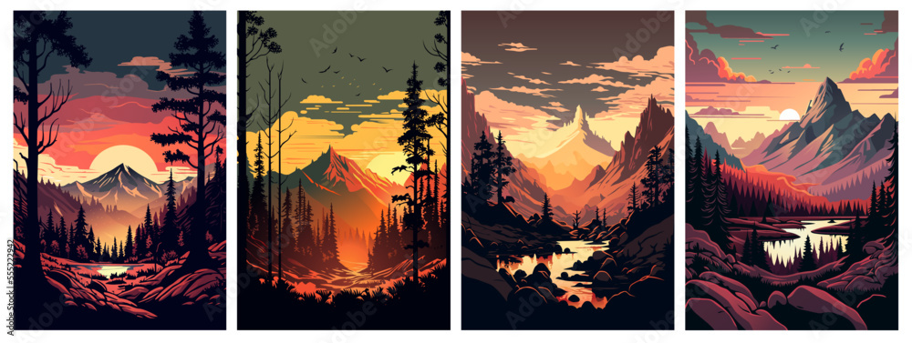 Set of mountains landscape at sunset vector illustration Stock Vector ...
