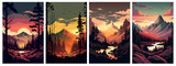 Fototapeta Zachód słońca - Set of mountains landscape at sunset vector illustration