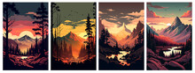 Set Of Mountains Landscape At Sunset Vector Illustration