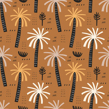 Palm Trees Vector Seamless Pattern. Tropical Background With Hand Drawn Arecaceae Plants