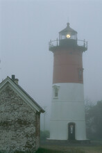 Nauset Lighthouse On A Foggy Morning.; Nauset Lighthouse, Eastham, Cape Cod, Massachusetts.