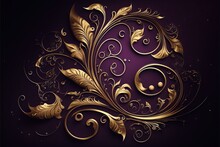  A Purple And Gold Background With A Swirly Design On It's Side And A Gold Swirl On The Side.