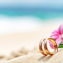 Wall Mural - gold wedding rings with tropical pink flower on the beach. digital art with copy space generative ai