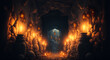 Scary endless medieval catacombs with torches. Mystical nightmare concept. digital art