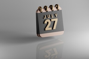 Poster - Standing black and golden month lined desk calendar with date July 27. Modern design with golden elements, 3d rendering illustration. White ceramic reflection background...