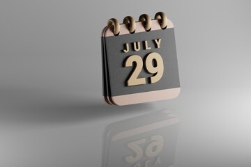 Poster - Standing black and golden month lined desk calendar with date July 29. Modern design with golden elements, 3d rendering illustration. White ceramic reflection background...