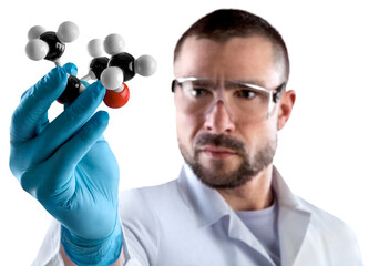 Poster - Scientist man with a molecule model in hands