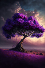 A Lone Tree In A Field Of Purple Flowers, Fantasy Illustration Art, Nature