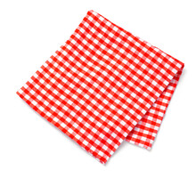 Table Cloth Kitchen Isolated. Red Napkin On White Background. Top View.