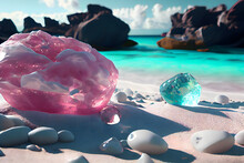 On The Pink Beach Of Romantic Maldives, There Are Many Light Blue And White Crystal Clear Luminous Stones, Some Pink Roses, Warm Sunshine, White Waves, And Luminous Creatures