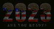 2023 with the colors of the US flag, a military helmet and the words 